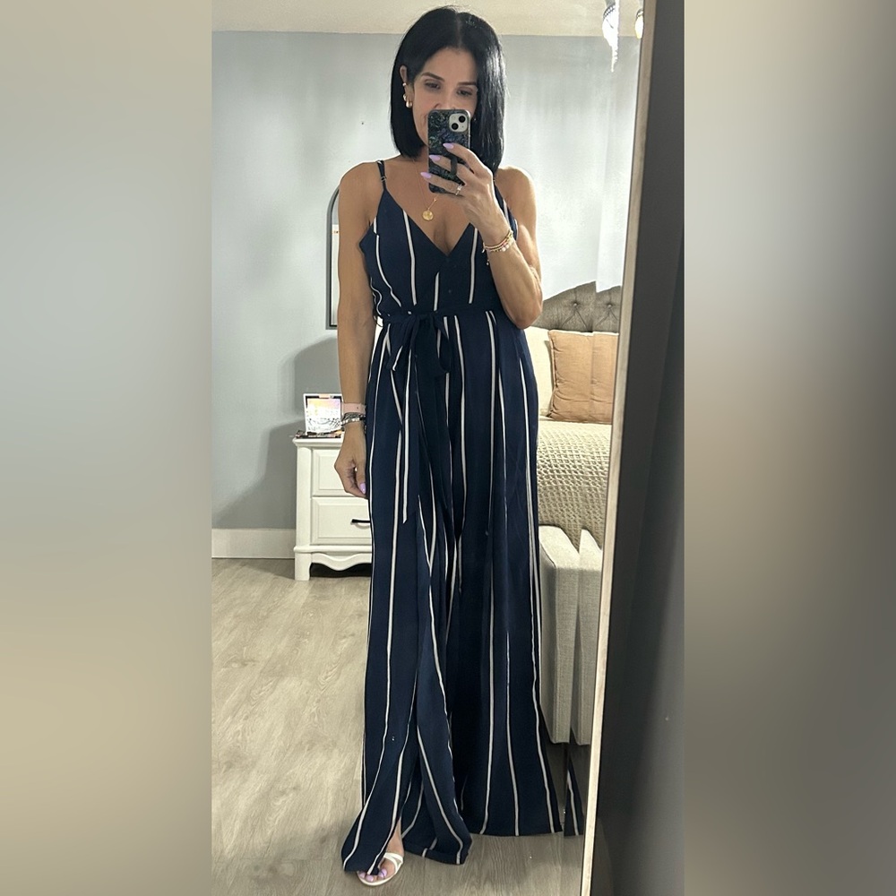 L'ATISTE Navy Jumpsuit with White Pin Stripes